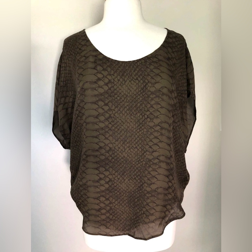 NWT $198 Joie Snake Print 100% Silk Top L Dolman Sleeve Blouse Round Neck Brown